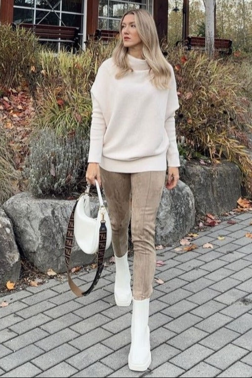 Beige Funnel Neck Dolman Sleeve Sweater