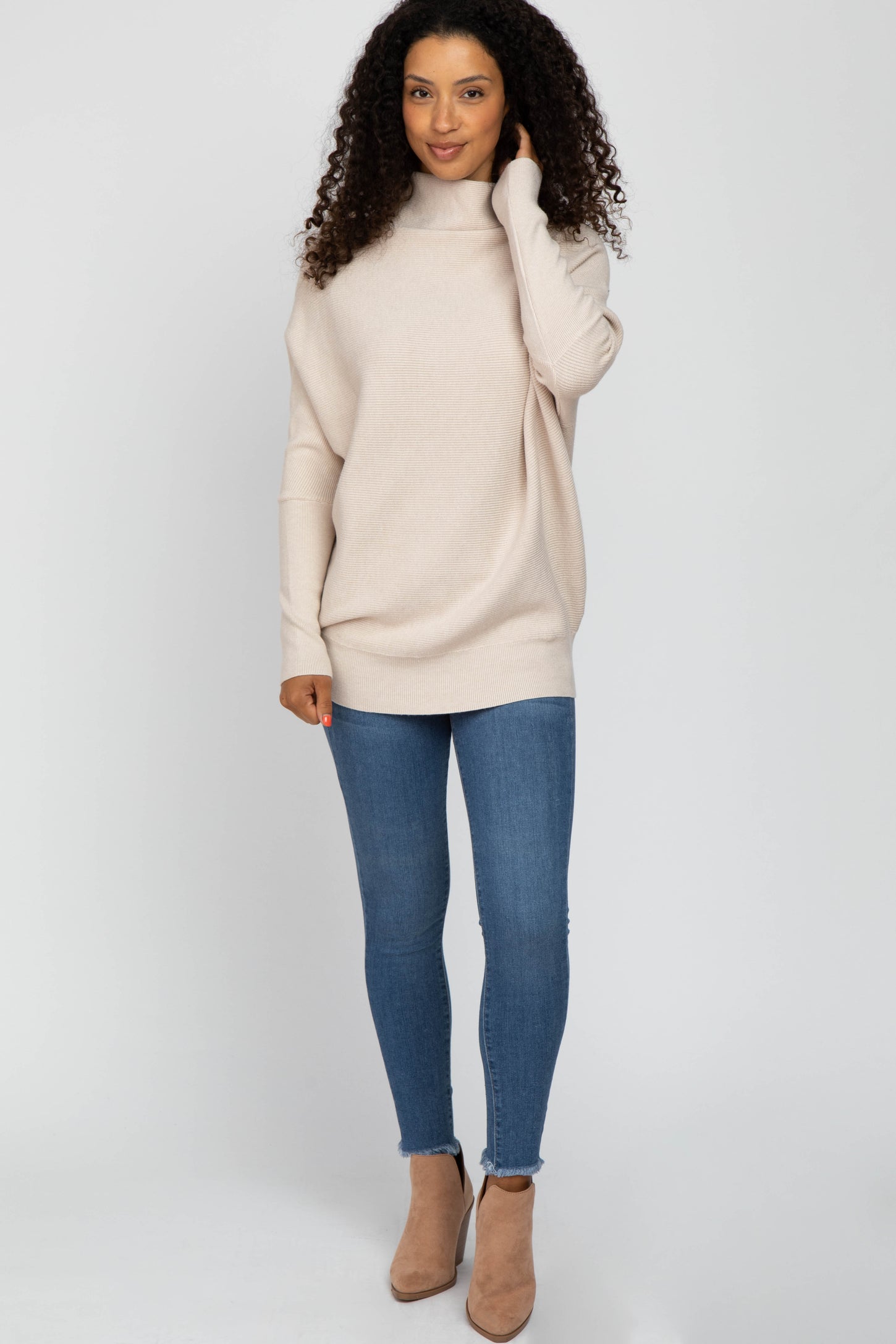 Beige Funnel Neck Dolman Sleeve Sweater