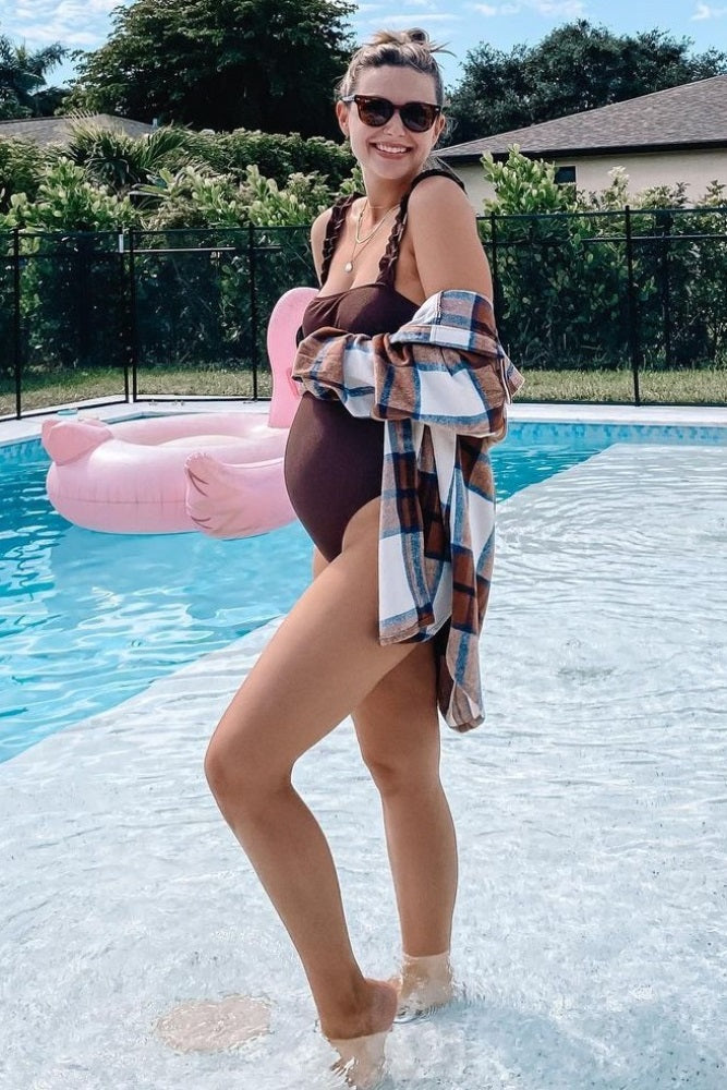 Mocha Plaid Brushed Button Down Maternity Over Shirt