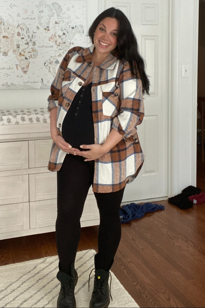 Mocha Plaid Brushed Button Down Maternity Over Shirt