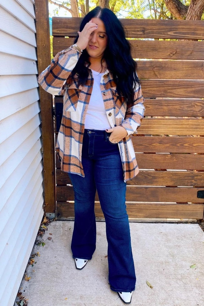 Mocha Plaid Button Down Maternity Over Shirt