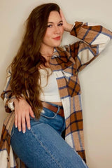 Mocha Plaid Button Down Maternity Over Shirt