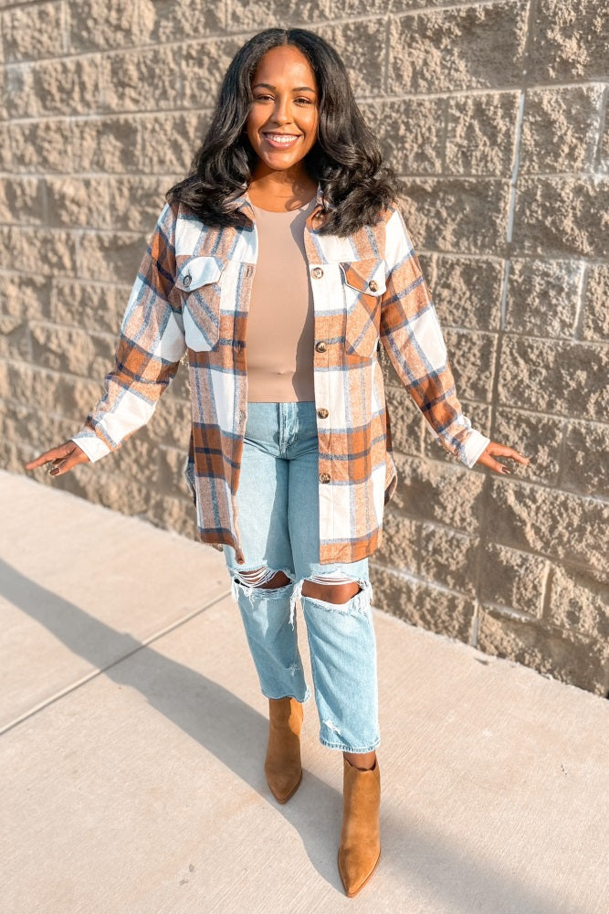 Mocha Plaid Button Down Maternity Over Shirt