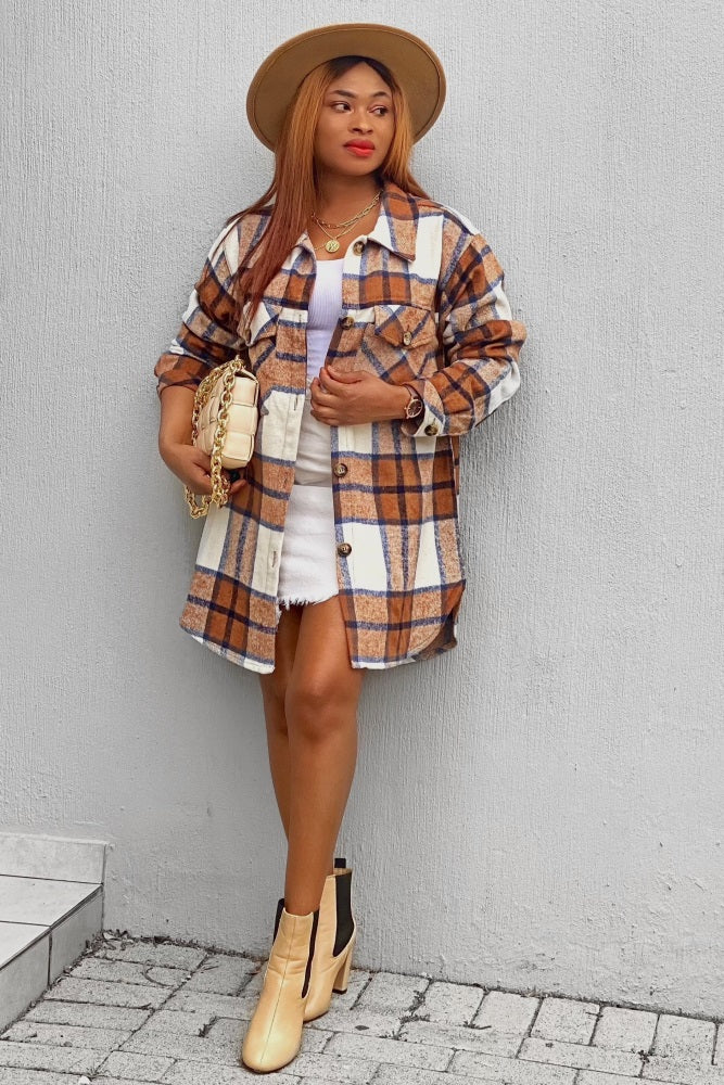 Mocha Plaid Button Down Maternity Over Shirt