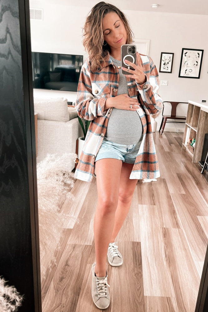 Mocha Plaid Brushed Button Down Maternity Over Shirt