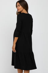 Black Tiered Ribbed 3/4 Sleeve Maternity Midi Dress