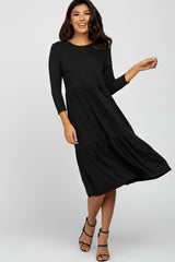 Black Tiered Ribbed 3/4 Sleeve Maternity Midi Dress