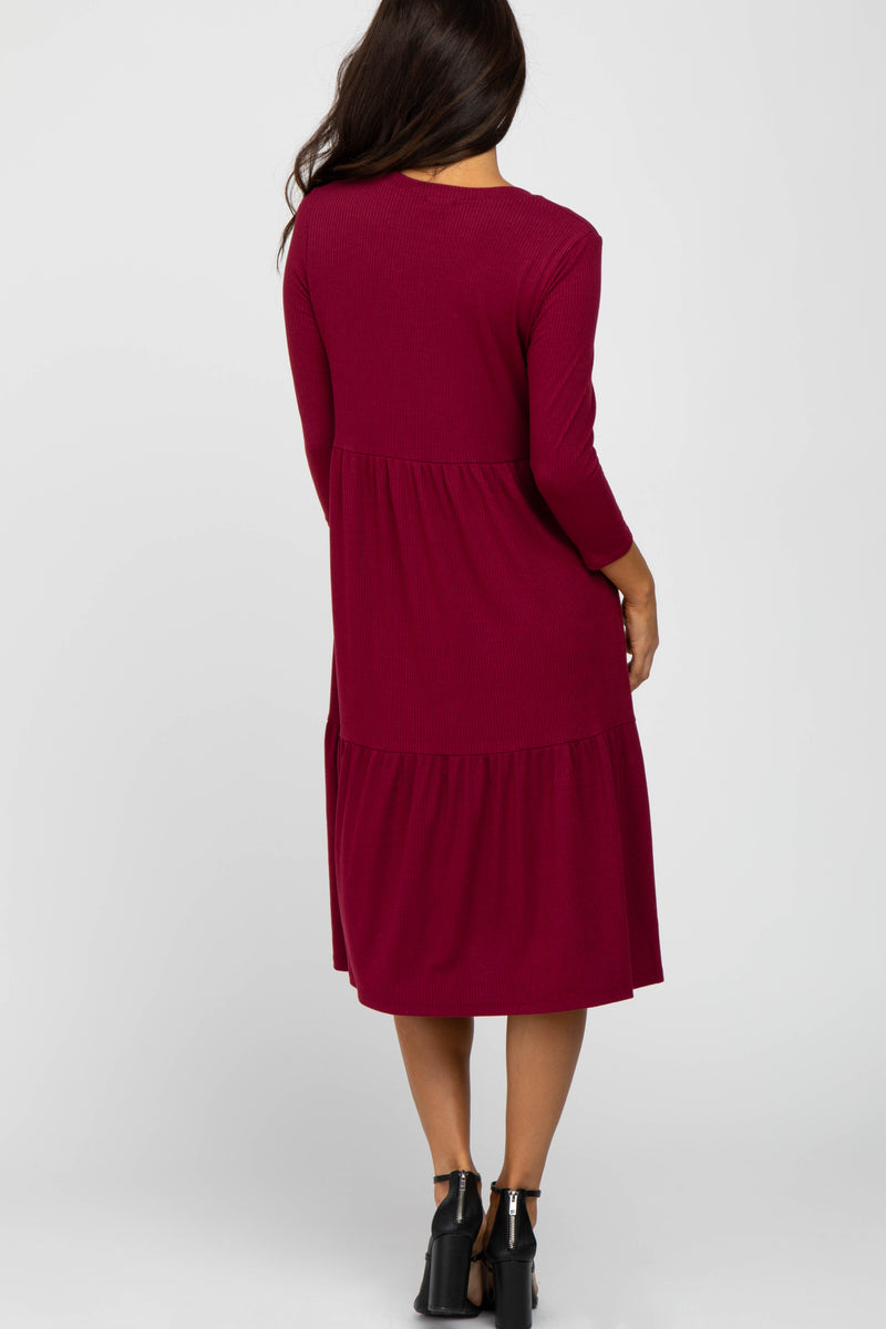 Burgundy Tiered Ribbed 3/4 Sleeve Midi Dress Burgundy Tiered Ribbed 3/4 Sleeve Midi Dress