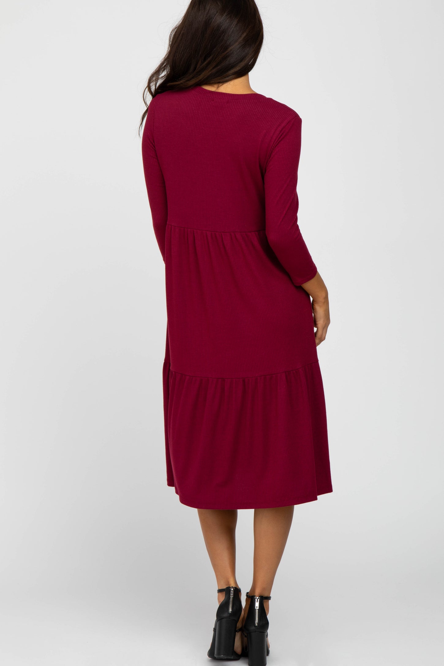 Burgundy Tiered Ribbed 3/4 Sleeve Midi Dress PinkBlush Burgundy Tiered Ribbed 3/4 Sleeve Midi Dress PinkBlush