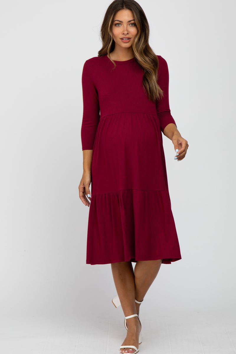 fall dresses 3 4 sleeve Burgundy Tiered Ribbed 3/4 Sleeve Maternity Midi Dress