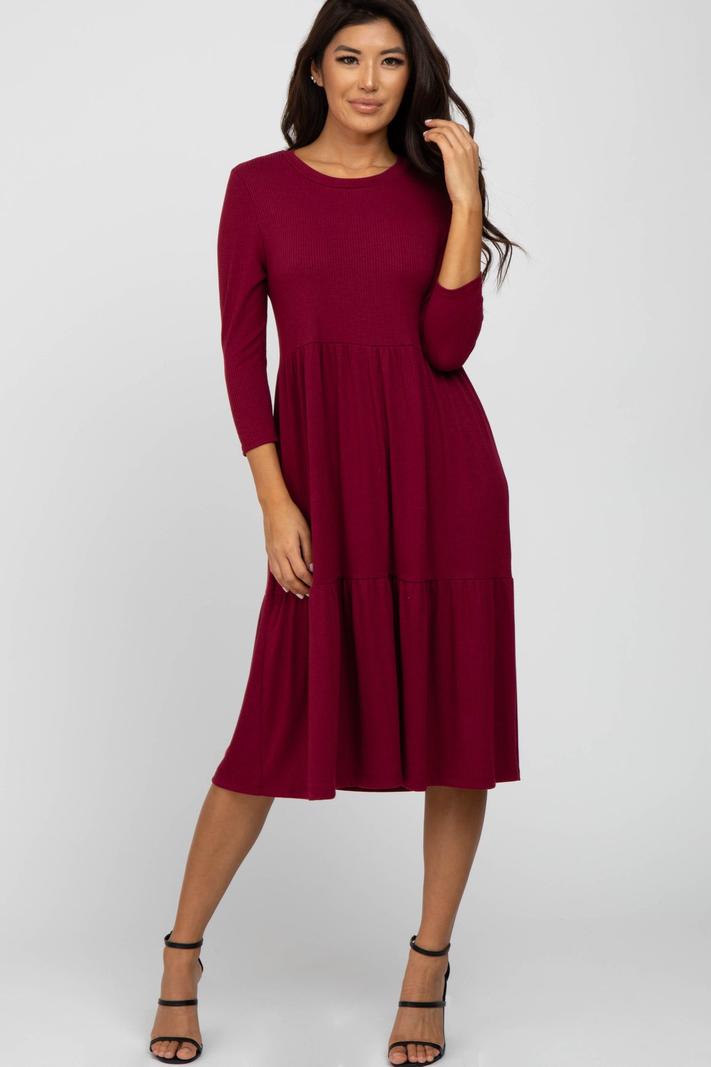 Burgundy Tiered Ribbed 3/4 Sleeve Midi Dress – PinkBlush