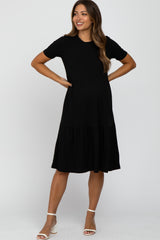 Black Ribbed Tiered Maternity Dress