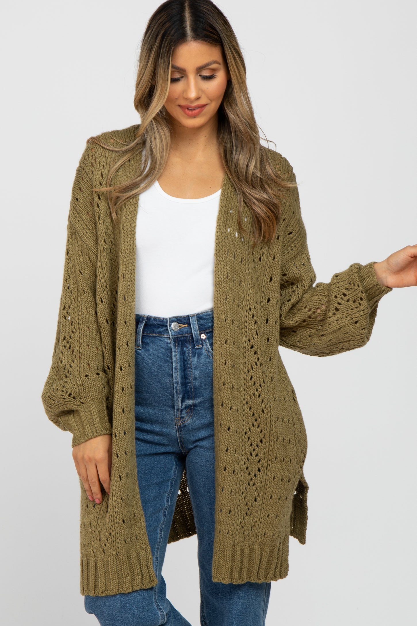 Olive Pointelle Knit Maternity Cardigan