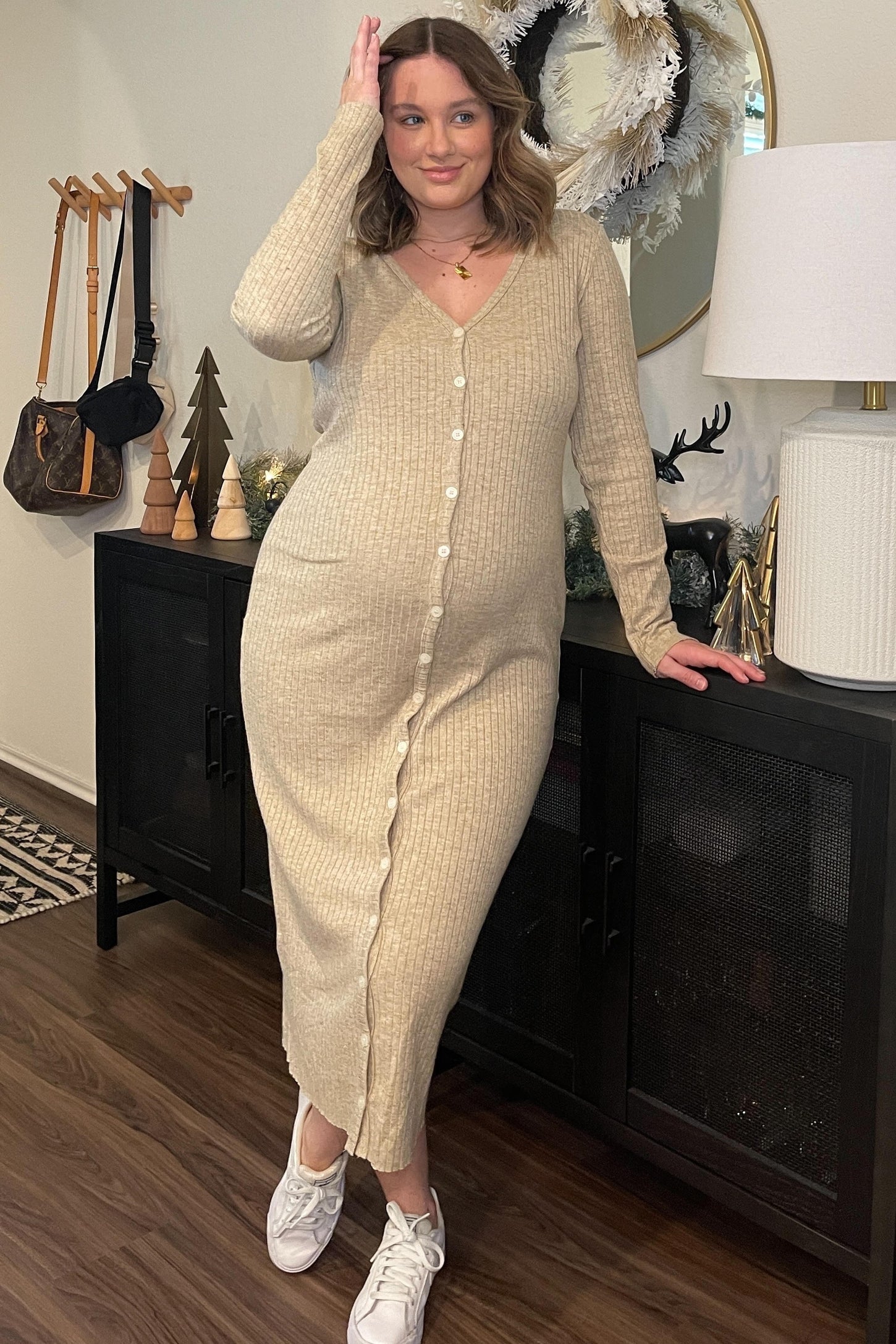 Beige Ribbed Button Front Midi Cardigan Maternity Dress PinkBlush Beige Ribbed Button Front Midi Cardigan Maternity Dress PinkBlush