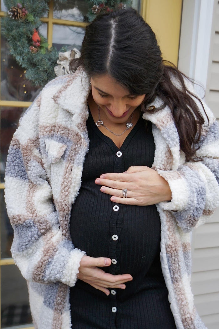 Black Ribbed Button Front Midi Cardigan Maternity Dress