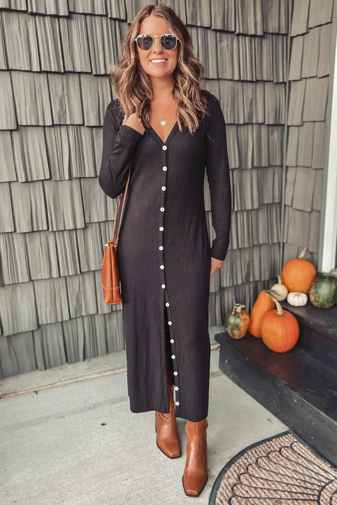 Black Ribbed Black Long Sleeve Button Down Dress Black Ribbed