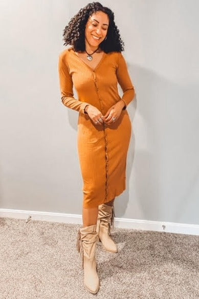 Rust Ribbed Button Front Midi Cardigan Dress