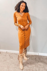Rust Ribbed Button Front Midi Cardigan Dress