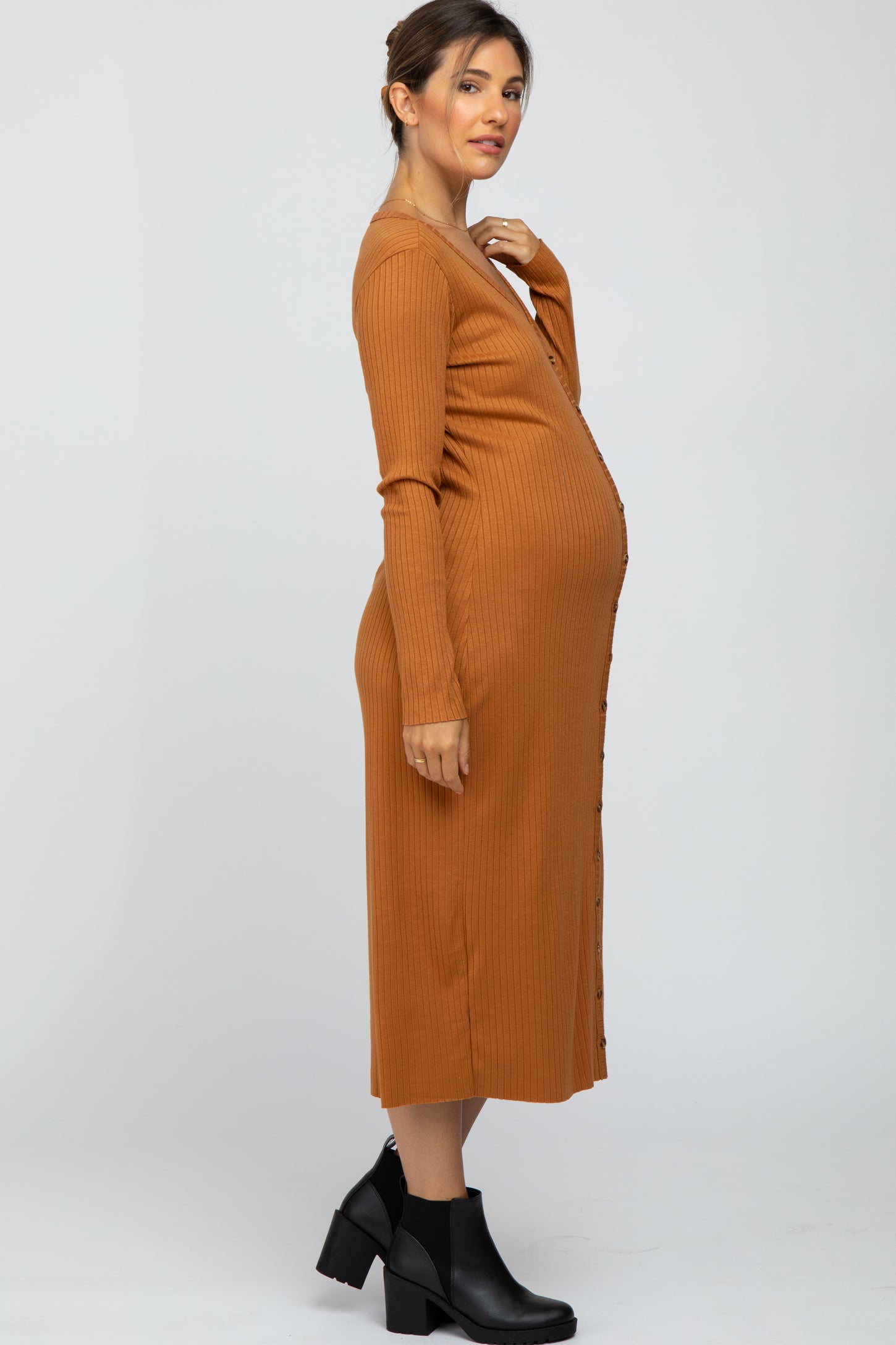 Rust Ribbed Button Front Midi Cardigan Maternity Dress PinkBlush Rust Ribbed Button Front Midi Cardigan Maternity Dress PinkBlush