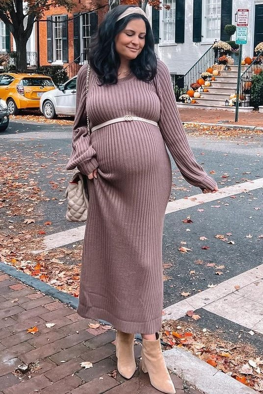 Taupe Side Slit Maternity Maxi Sweater Dress – PinkBlush