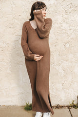Taupe Side Slit Maternity Maxi Sweater Dress
