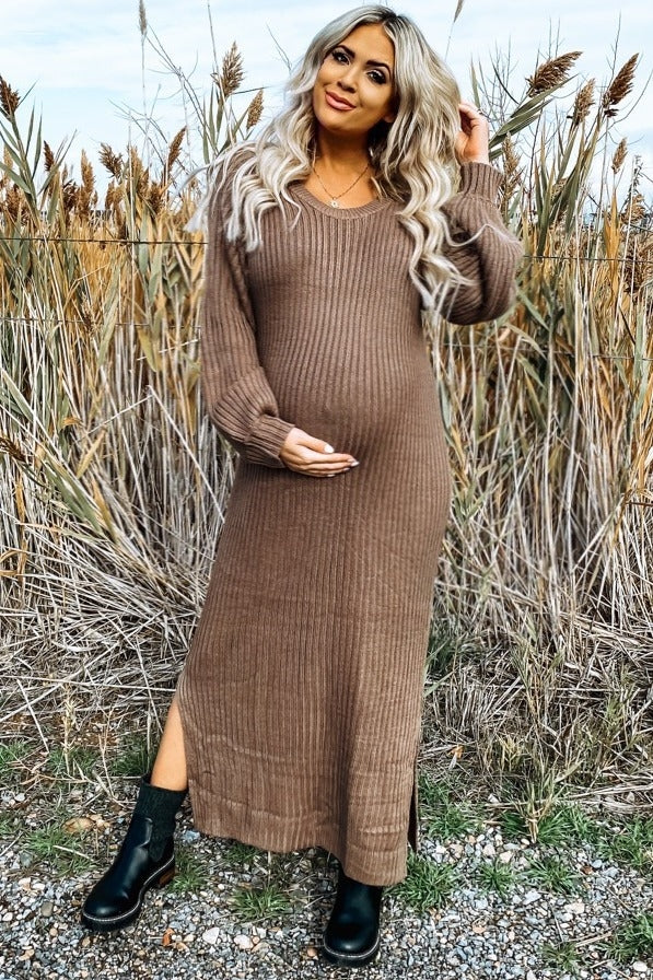 Taupe Side Slit Maternity Maxi Sweater Dress Taupe Side Slit Maternity Maxi Sweater Dress
