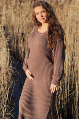 Taupe Side Slit Maternity Maxi Sweater Dress