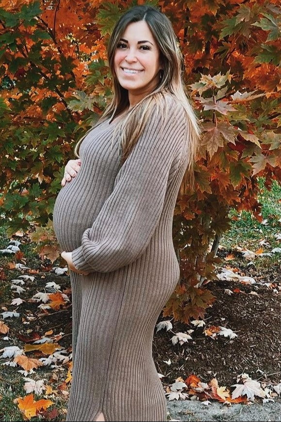 Taupe Side Slit Maternity Maxi Sweater Dress