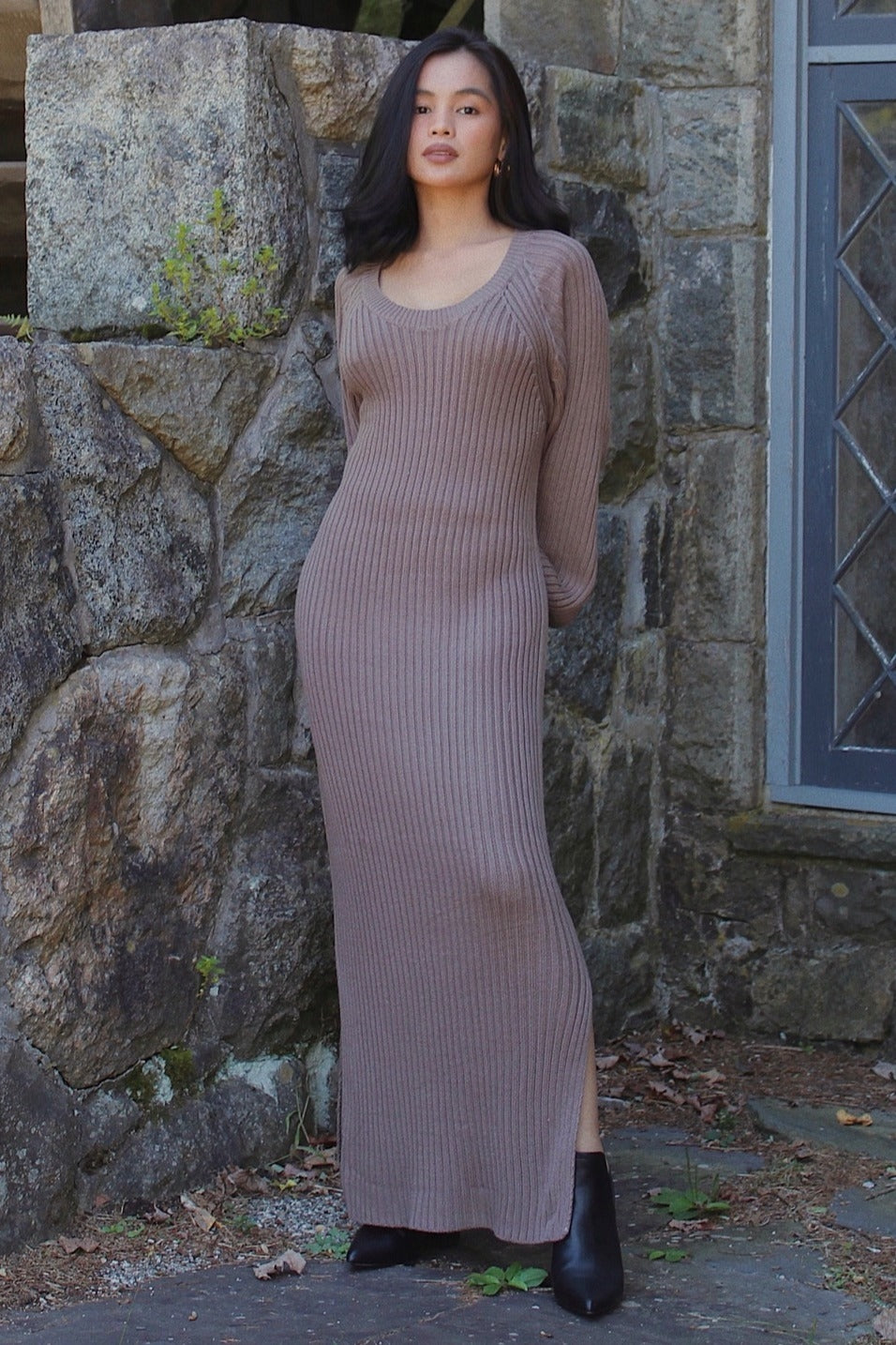 Taupe Side Slit Maxi Sweater Dress PinkBlush Taupe Side Slit Maxi Sweater Dress PinkBlush