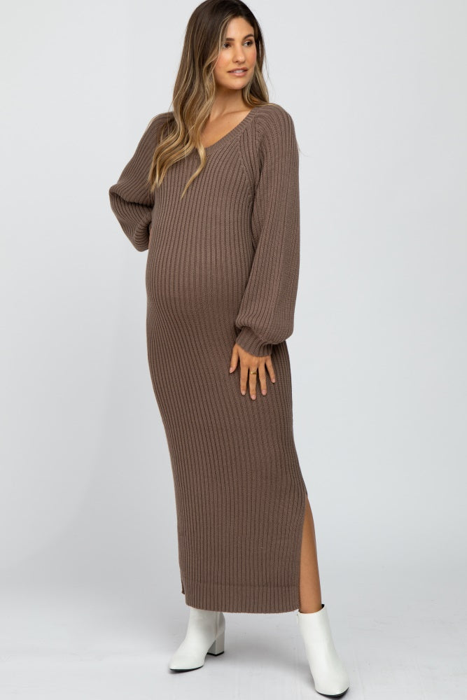 Taupe Side Slit Maternity Maxi Sweater Dress – PinkBlush