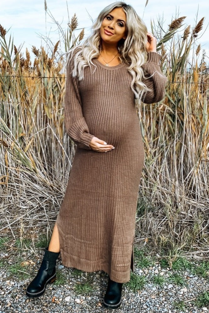 Taupe Side Slit Maternity Maxi Sweater Dress – PinkBlush