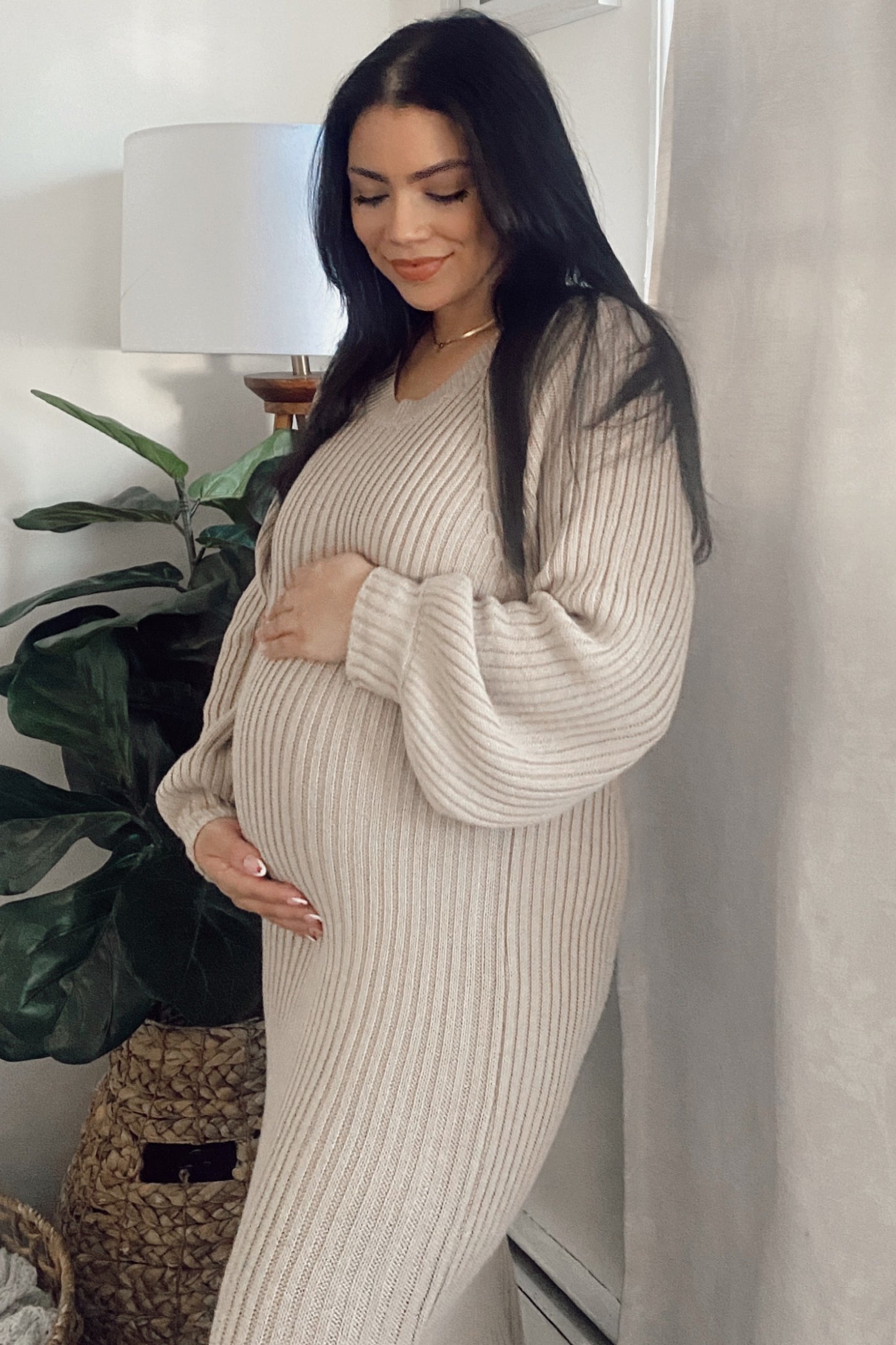 Beige Side Slit Maternity Maxi Sweater Dress PinkBlush Beige Side Slit Maternity Maxi Sweater Dress PinkBlush