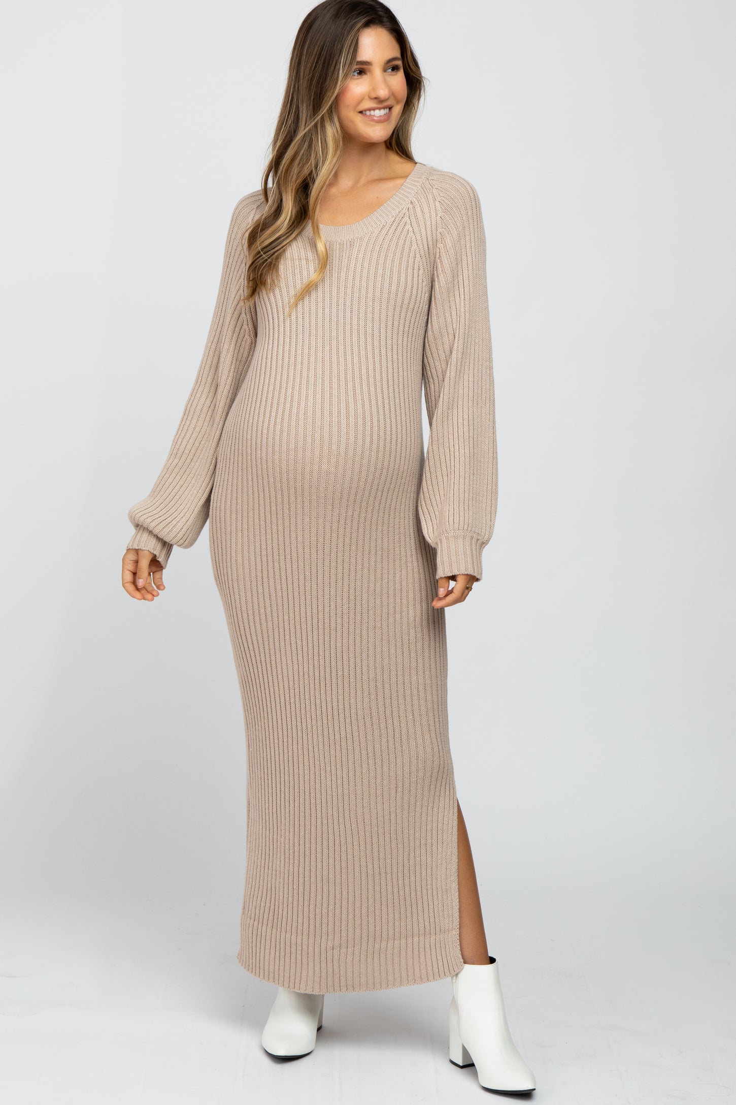 Beige Side Slit Maternity Maxi Sweater Dress PinkBlush Beige Side Slit Maternity Maxi Sweater Dress PinkBlush