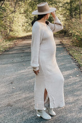 Beige Side Slit Maternity Maxi Sweater Dress