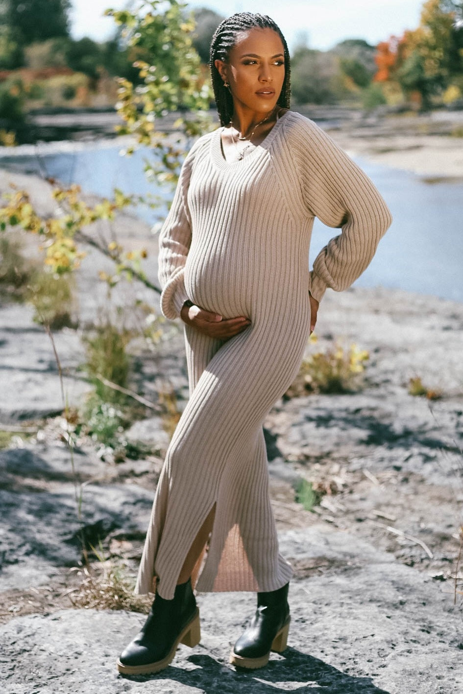 Beige Side Slit Maternity Maxi Sweater Dress – PinkBlush