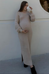 Beige Side Slit Maternity Maxi Sweater Dress