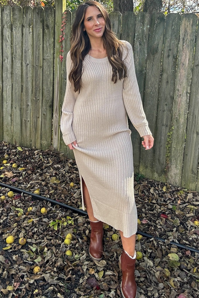 Casual Winter Dresses Pinkblush Beige Side Slit Maternity Maxi Sweater Dress Beige Large Casual Winter Dresses Pinkblush Beige Side Slit Maternity Maxi Sweater Dress Beige Large