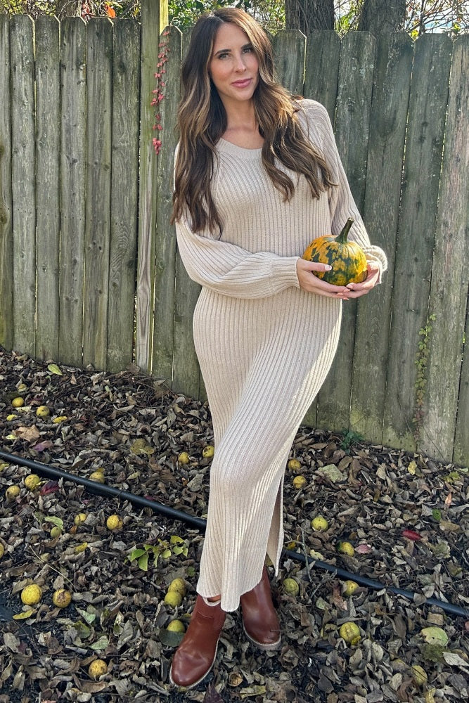 Beige Side Slit Maxi Sweater Dress Beige Side Slit Maxi Sweater Dress