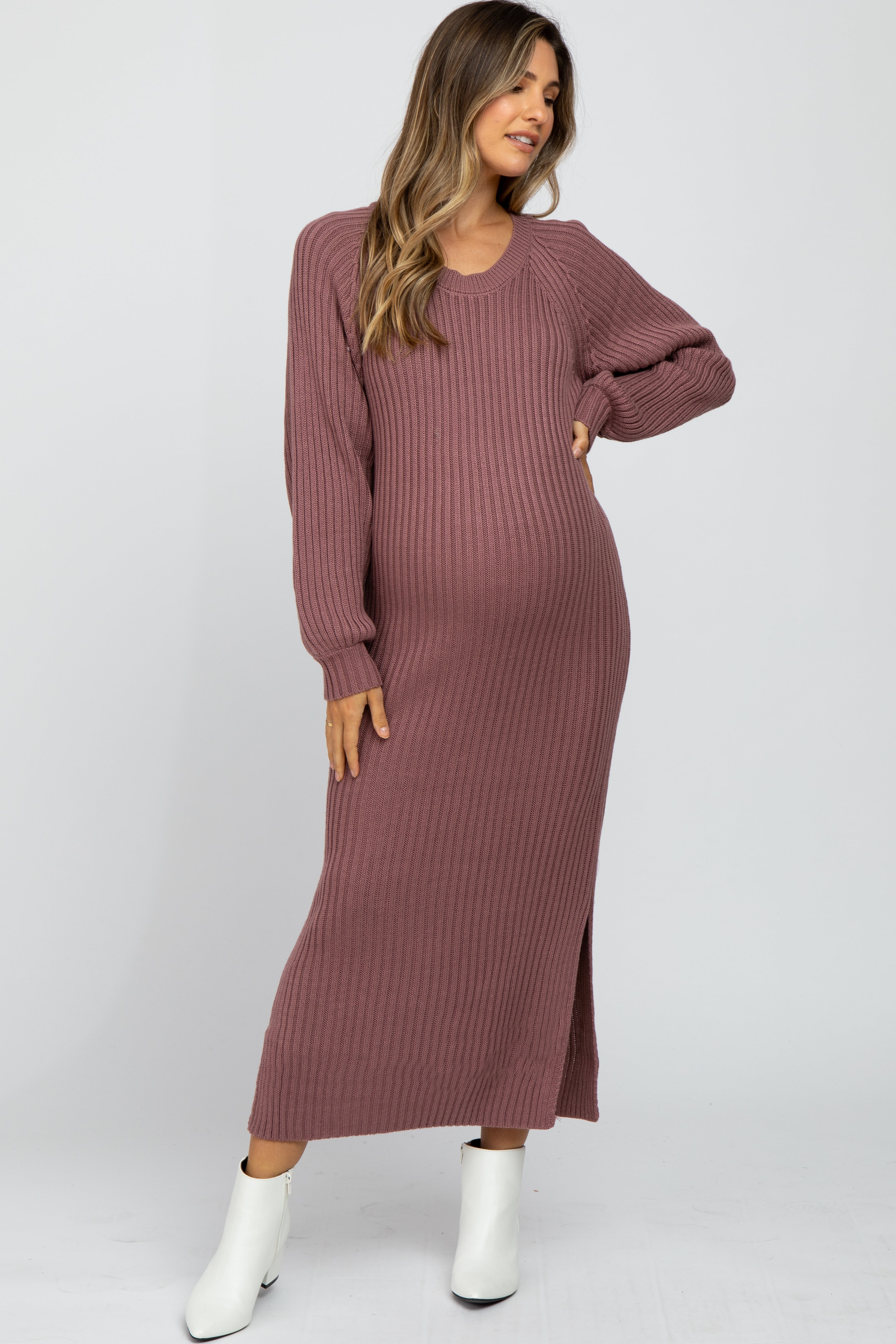 pink maternity sweater dress Mauve Side Slit Maternity Maxi Sweater Dress