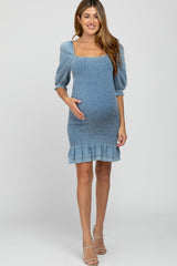 Light Blue Square Neck Smocked Denim Maternity Dress