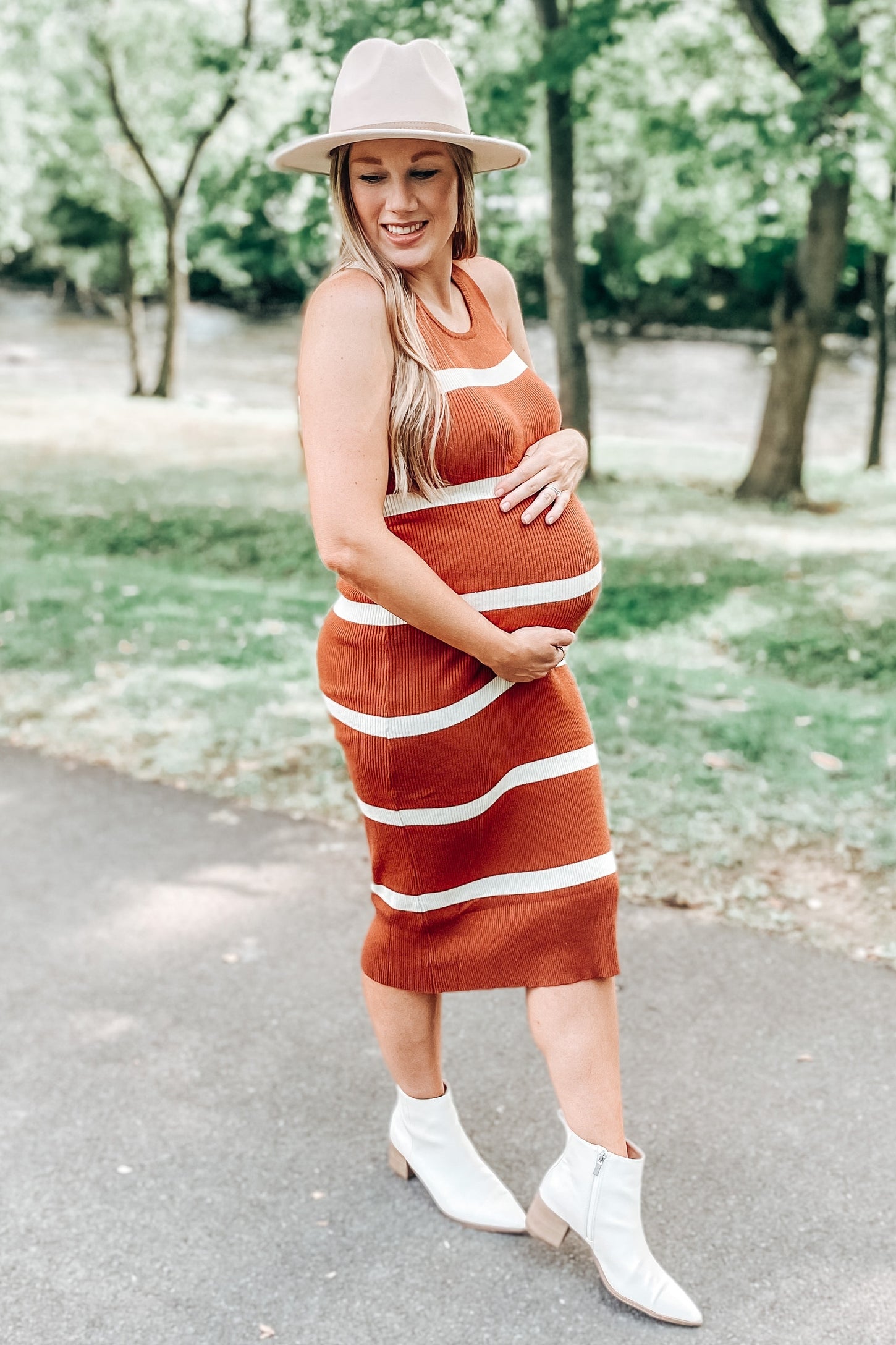 Rust Striped Sleeveless Sweater Maternity Midi Dress