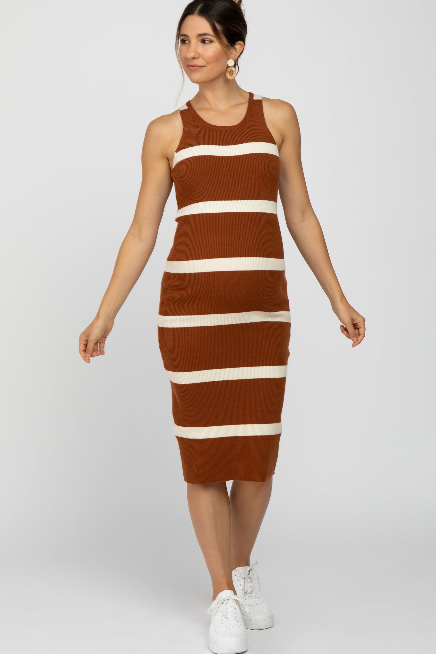 Rust Striped Sleeveless Sweater Maternity Midi Dress