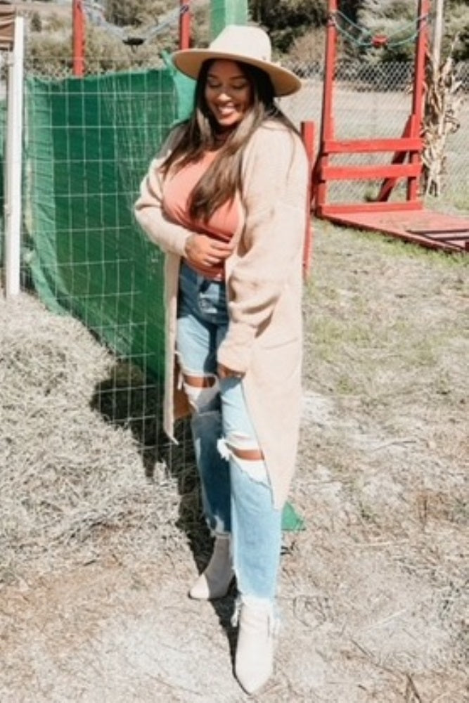 Taupe Bubble Sleeve Long Cardigan