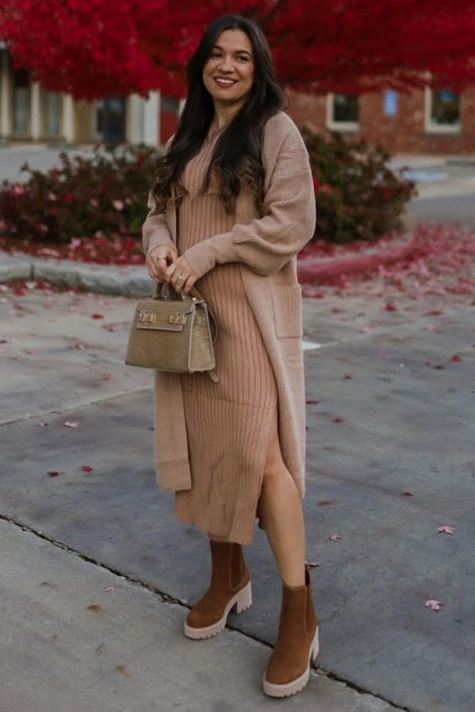 Taupe Bubble Sleeve Long Cardigan