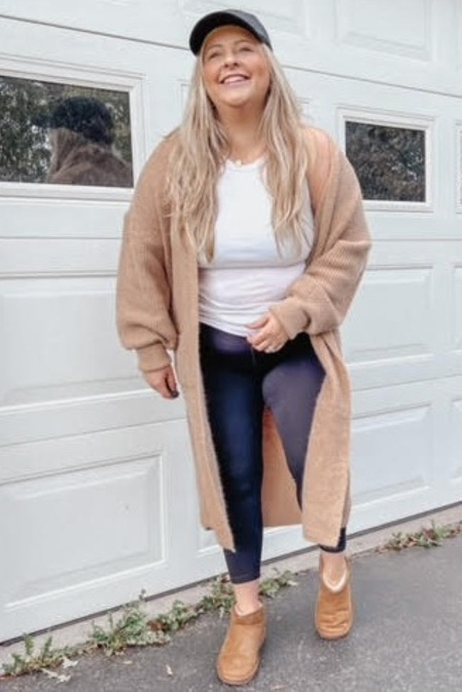 Taupe Bubble Sleeve Long Cardigan