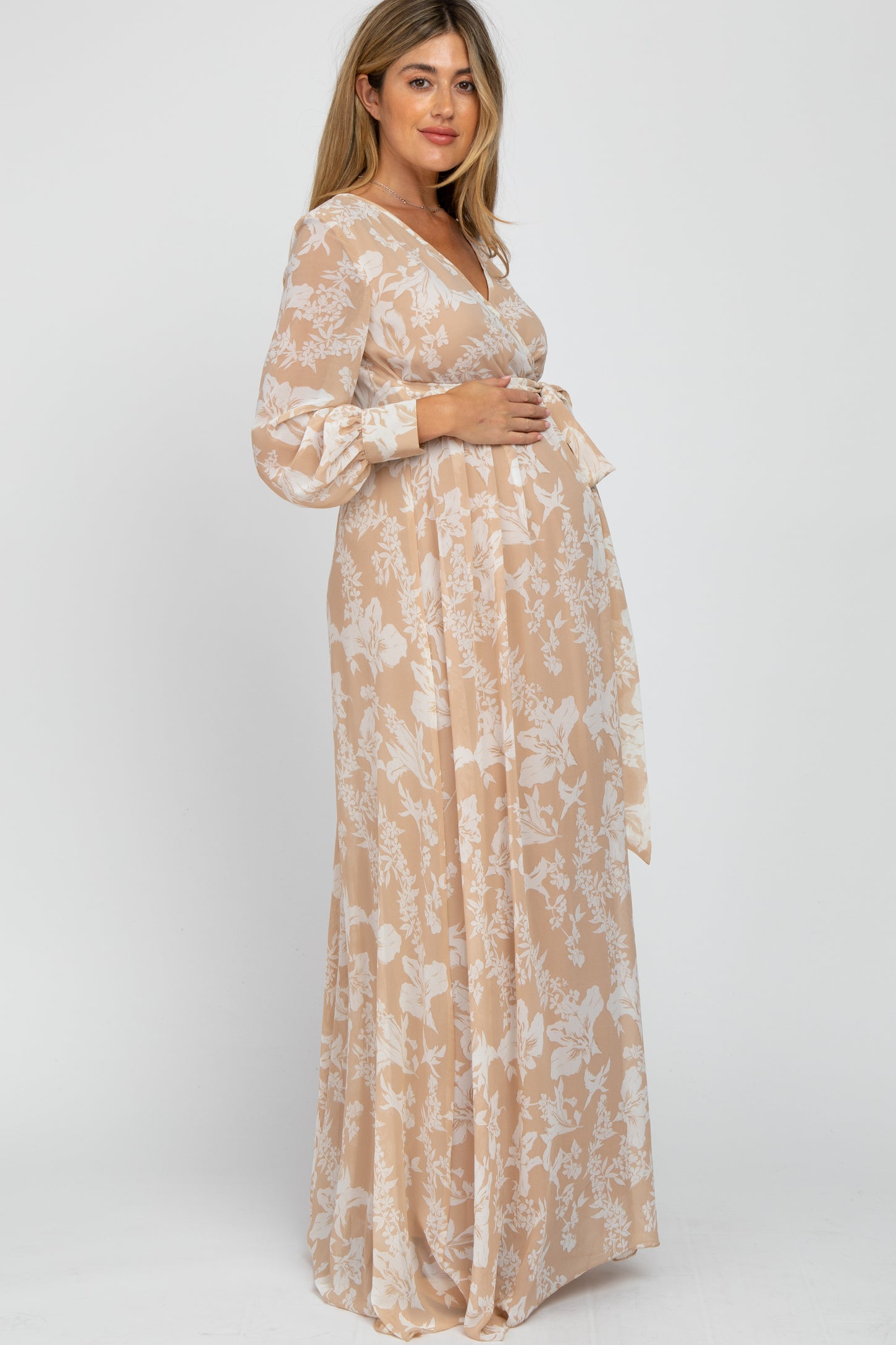 Pinkblush Taupe Floral Chiffon Maternity Maxi Dress Taupe Medium Pinkblush Taupe Floral Chiffon Maternity Maxi Dress Taupe Medium