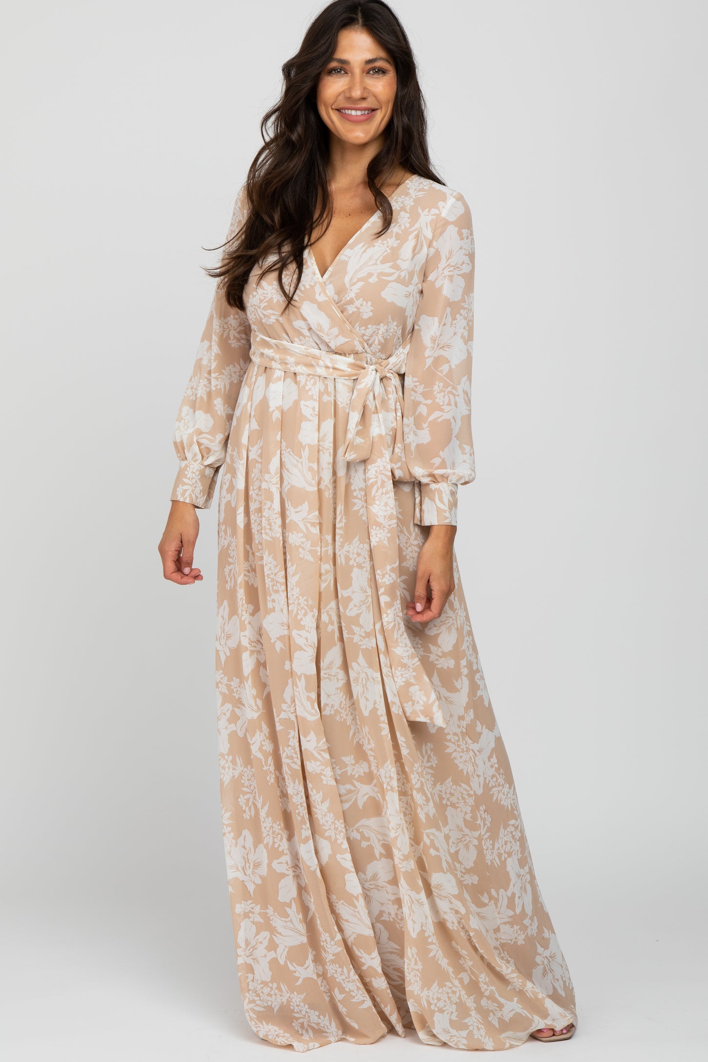 floral chiffon maternity maxi dress PinkBlush Floral Chiffon V-Neck Long Sleeve Maxi Dress in Navy Blue at Nordstrom, Size Small