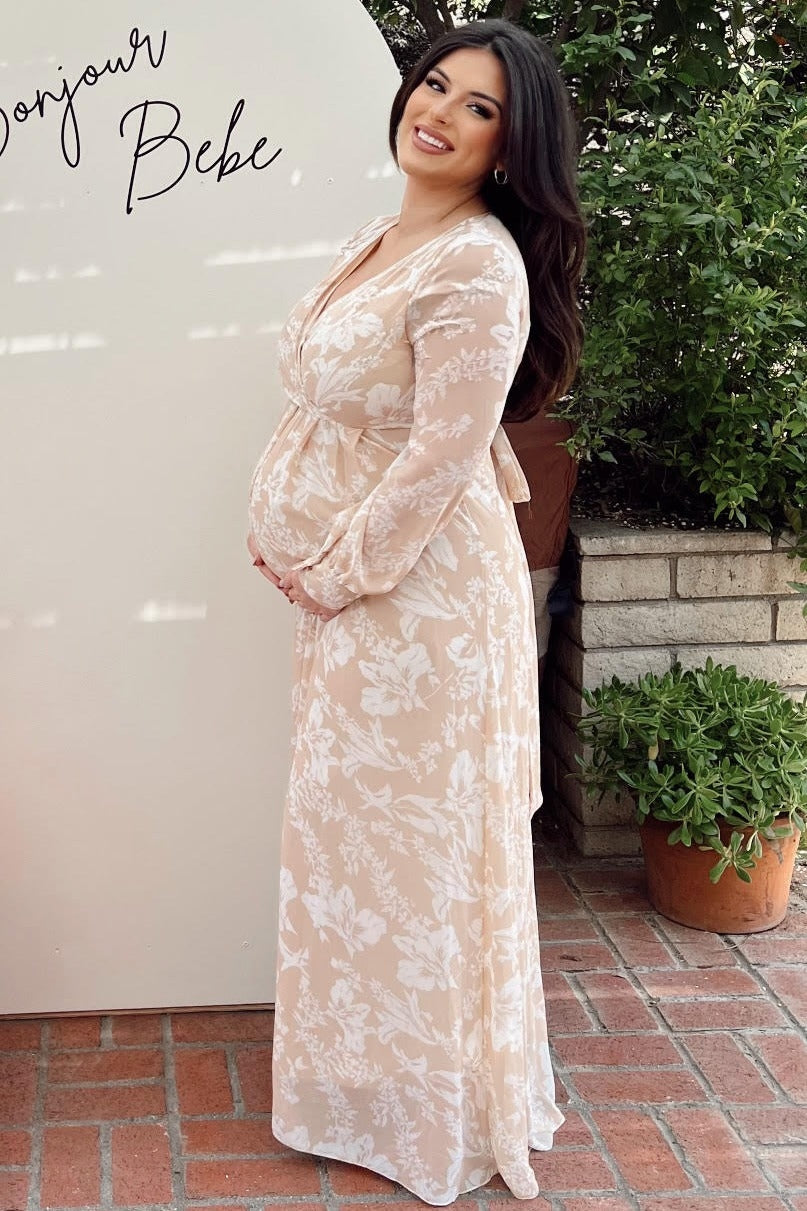 PinkBlush Taupe Floral Chiffon Maternity Maxi Dress Taupe Medium