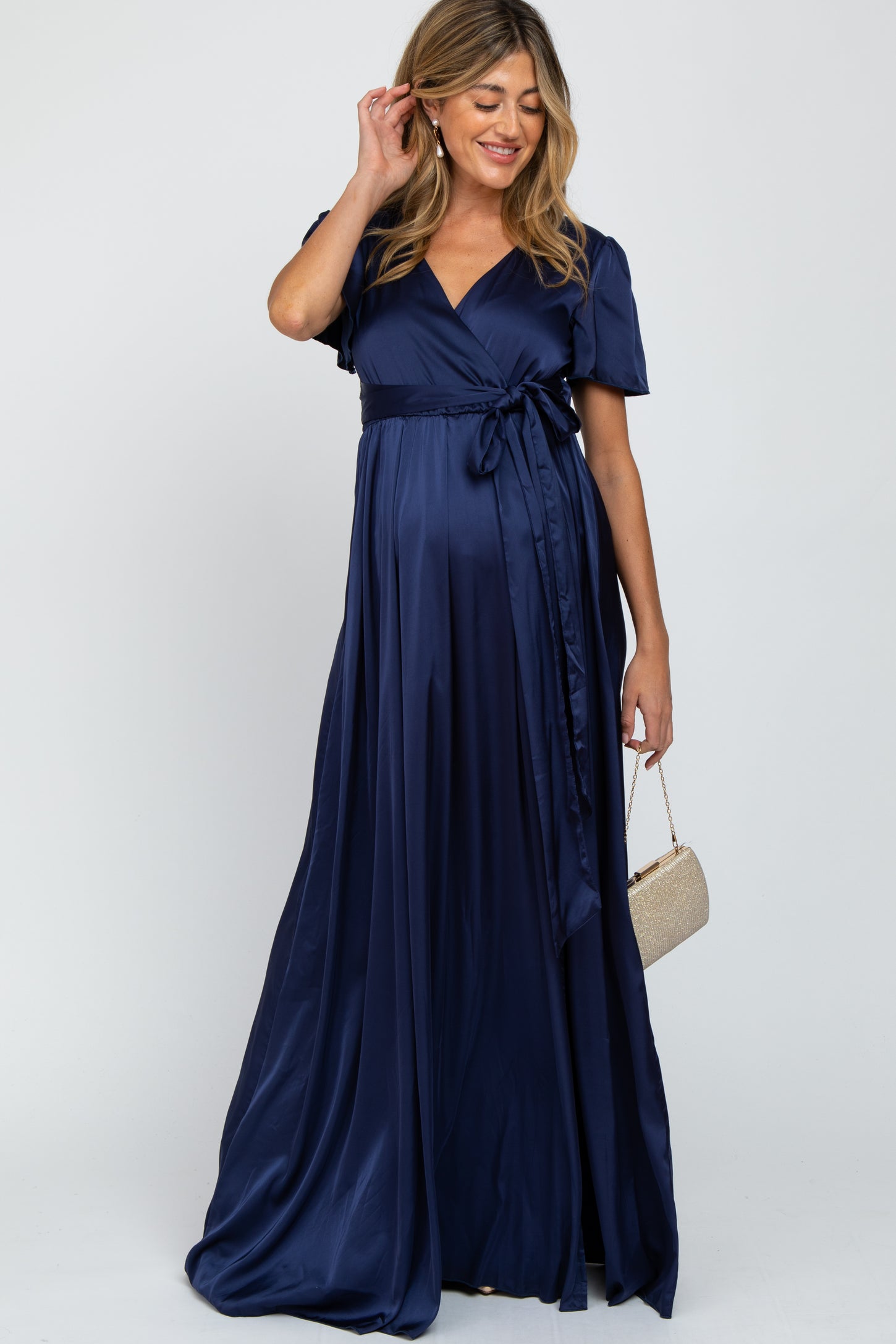 Navy Side Slit Satin Maternity Maxi Dress PinkBlush Navy Side Slit Satin Maternity Maxi Dress PinkBlush