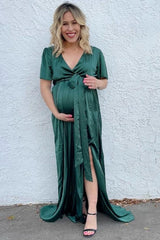 Green Side Slit Satin Maternity Maxi Dress